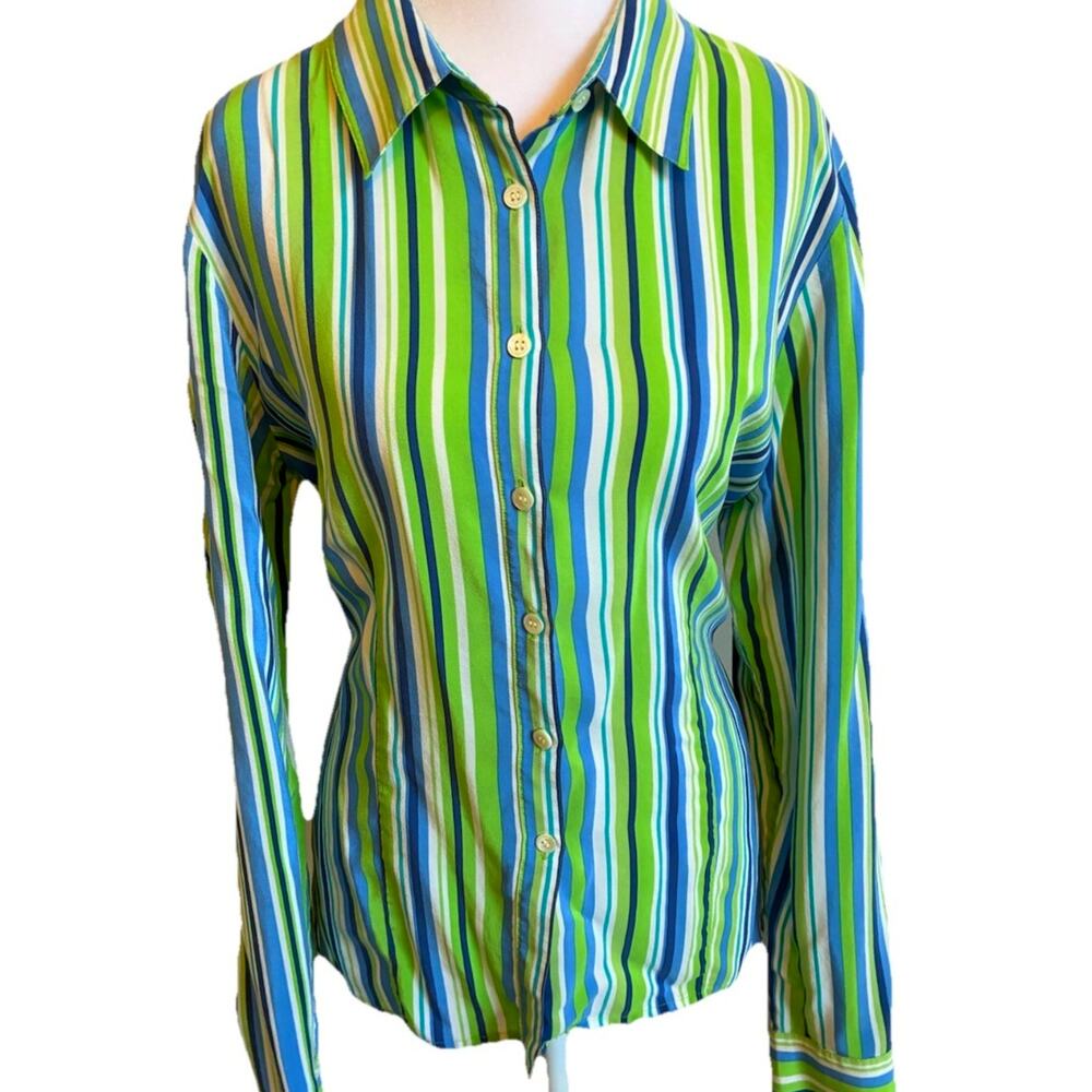 VTG 90s Silk Green Striped Shirt Button Down Office Casual Preppy Womens 14
